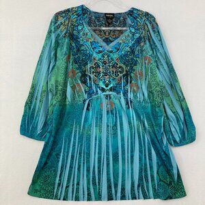 Style & Co size 2X Green Blue Artsy Tie Dye Festival Bohemian Stretch Top